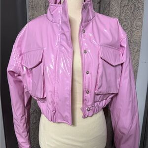 PrettyLittleThing Pink Cropped Patent Bomber Jacket